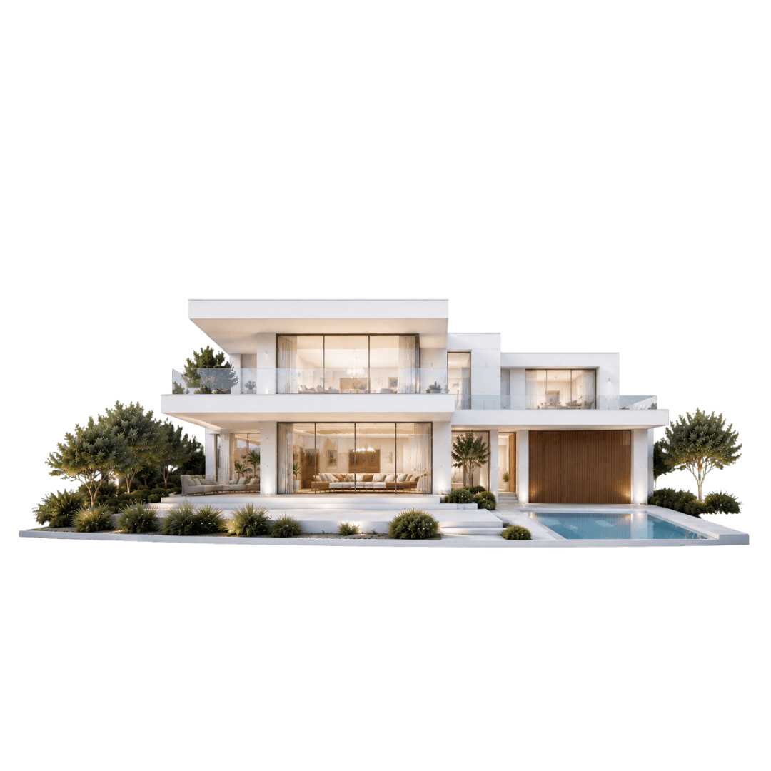 Modern white villa with glass facades, gardens, and a pool